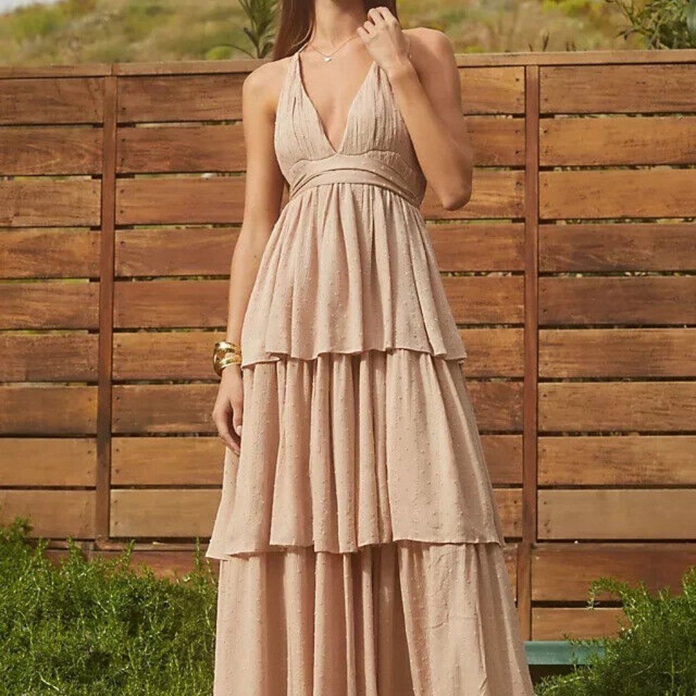 Anthropologie KRISTINE V-NECK TIERED DRESS California  PQ ORO Stunning neutral